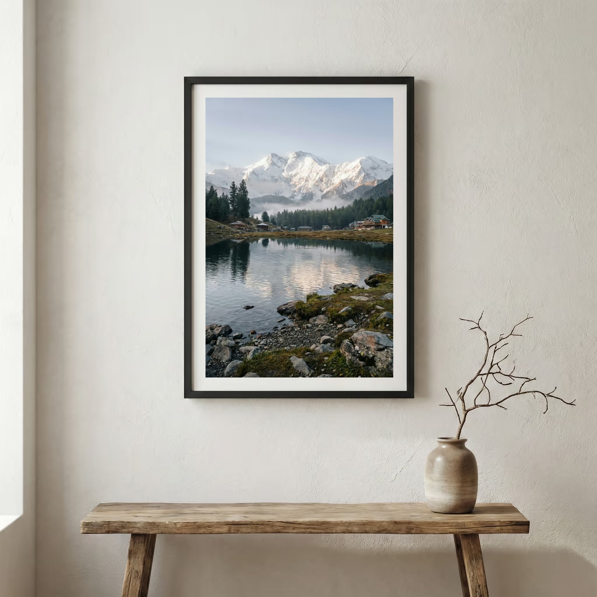 Vivid red and orange autumn foliage lining a turquoise mountain river — wooden frame canvas wall art print, 12×18 in