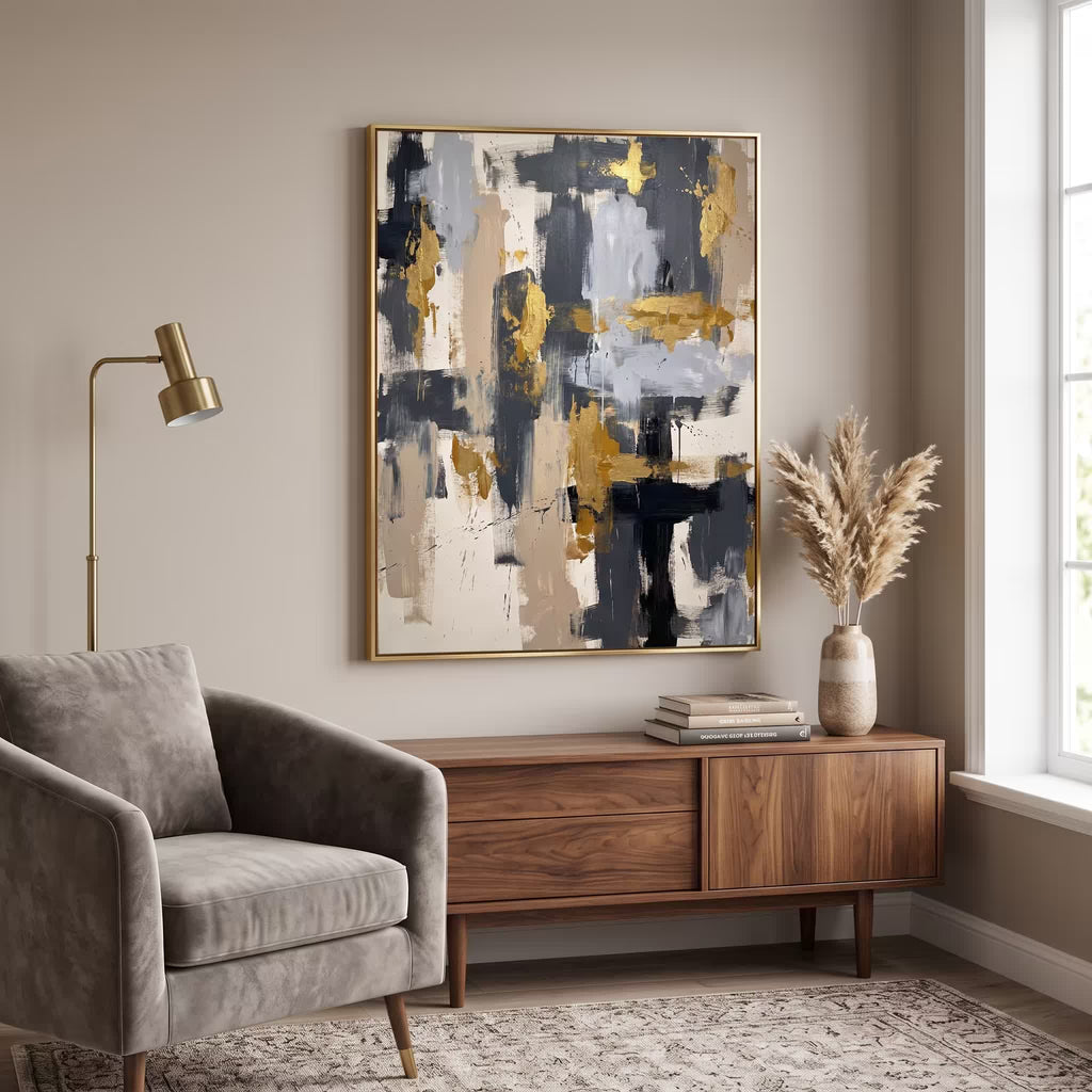 Blue Gold Neutral Abstract Blocks canvas wall art — alternate a view