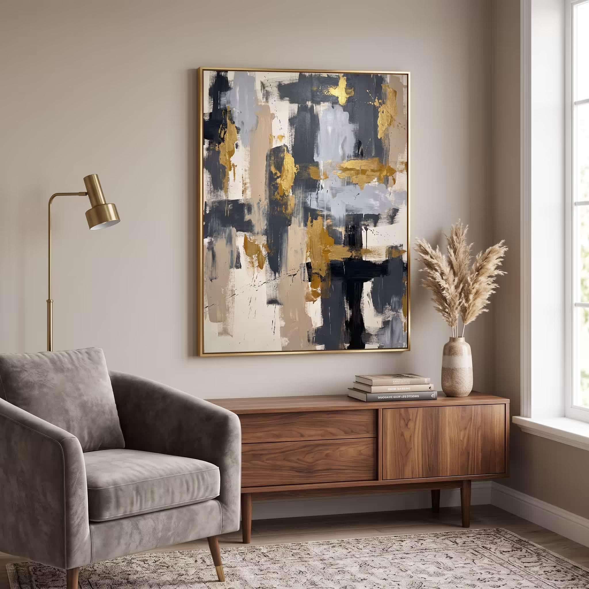 Blue Gold Neutral Abstract Blocks canvas wall art — alternate a view