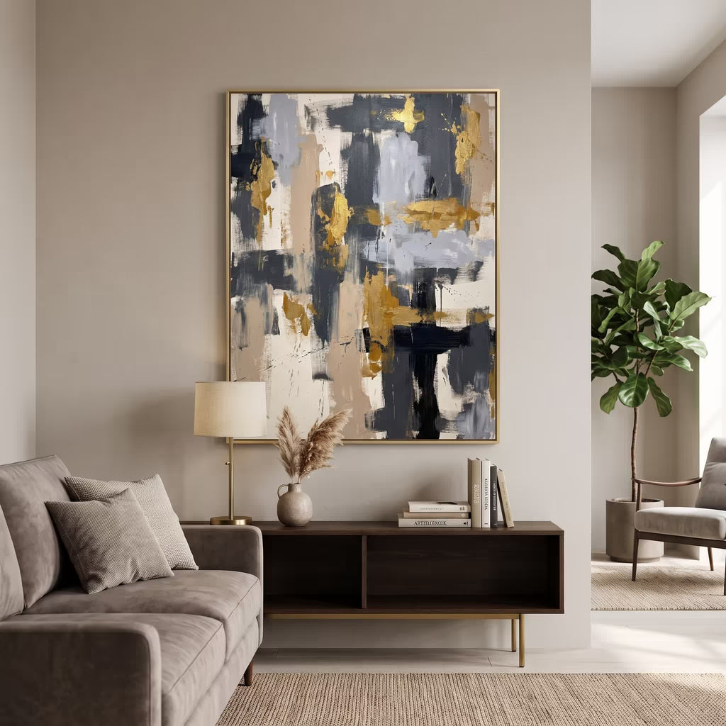 Blue Gold Neutral Abstract Blocks canvas wall art in a framed room setting