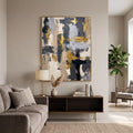 Blue Gold Neutral Abstract Blocks canvas wall art in a framed room setting