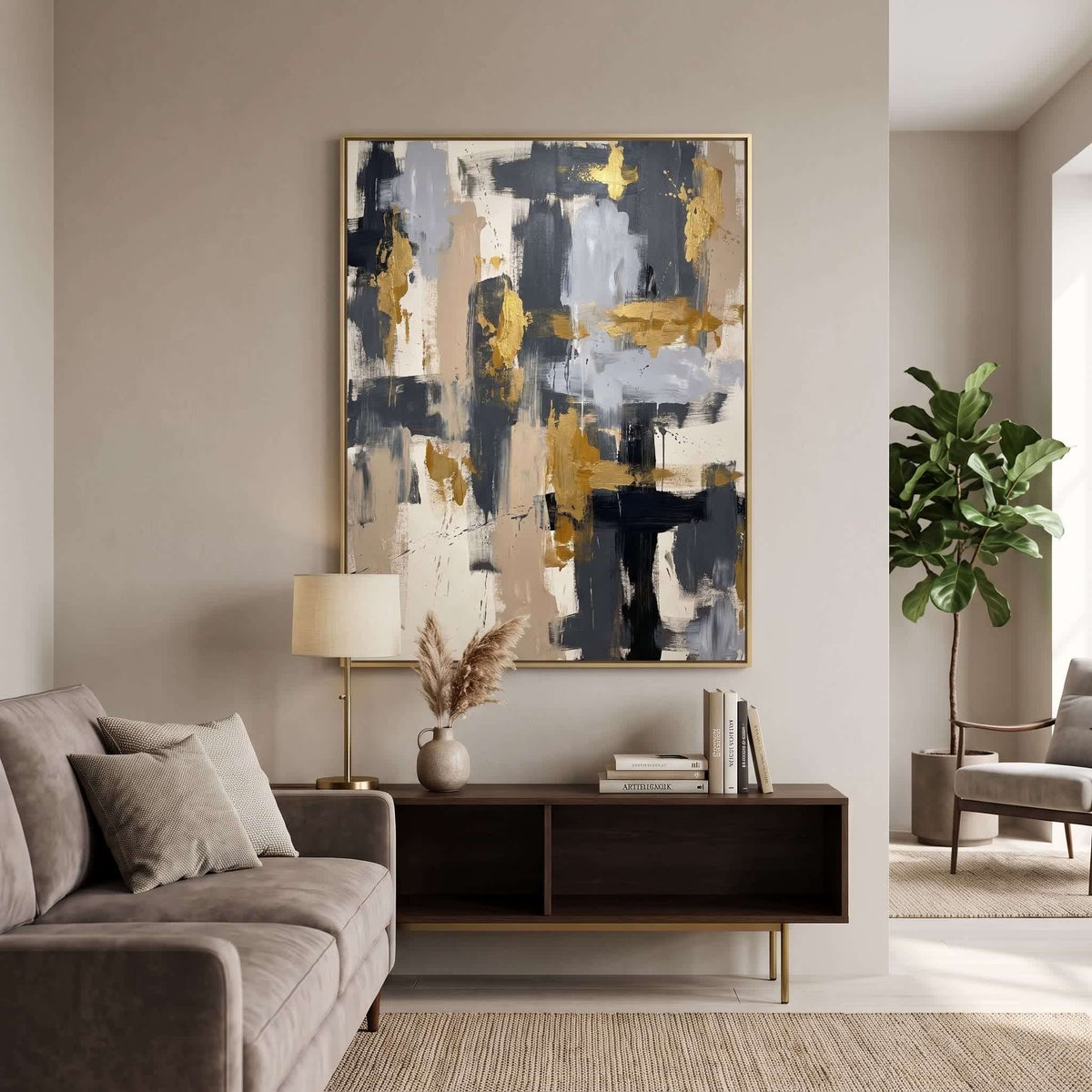 Blue Gold Neutral Abstract Blocks canvas wall art in a framed room setting