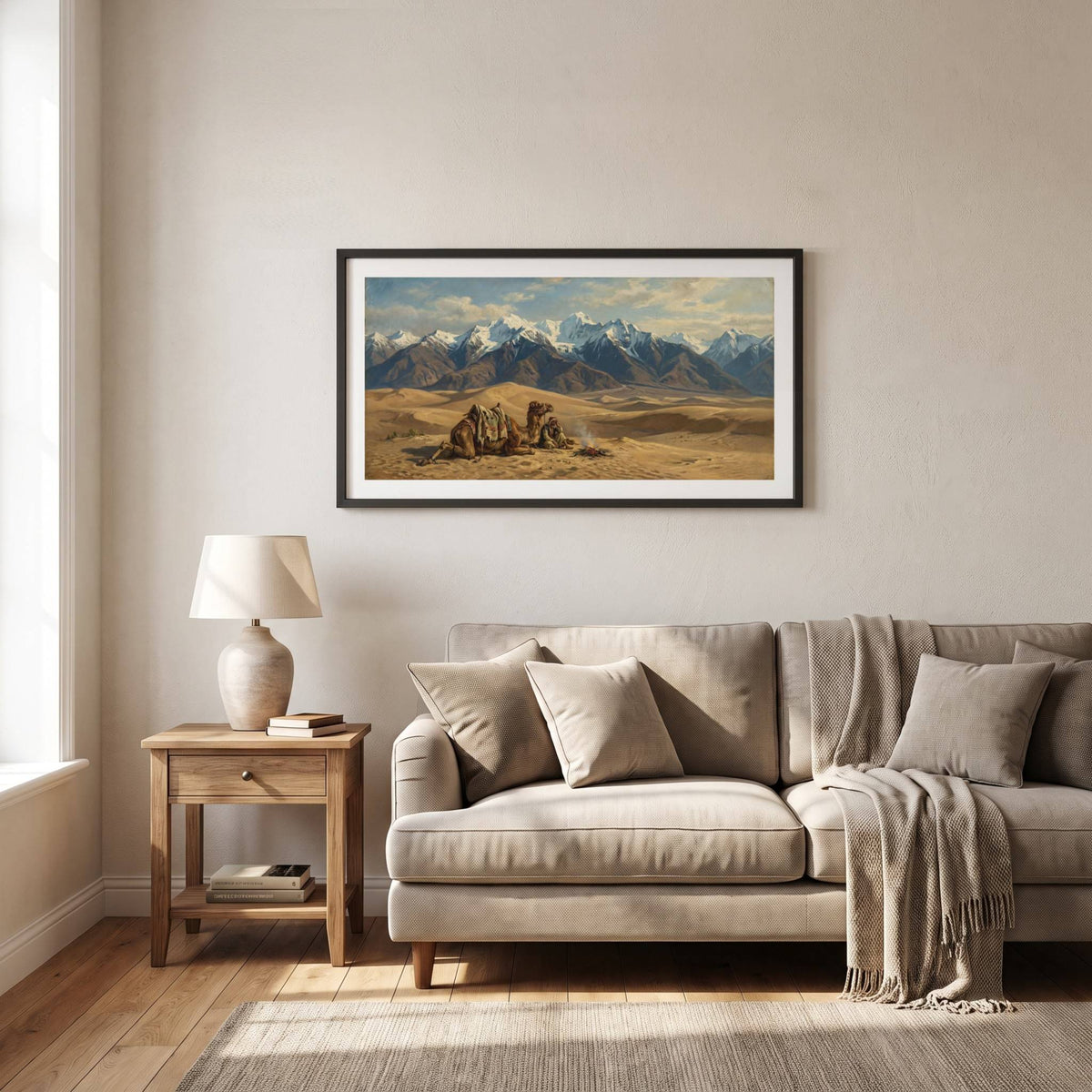 Vintage painting of resting camels in the desert with snow-capped mountains beyond — framed vintage painting.
