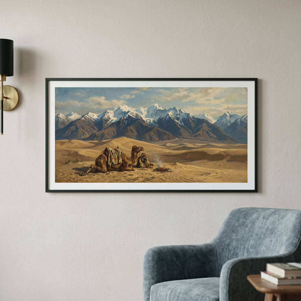 Vintage painting of resting camels in the desert with snow-capped mountains beyond — framed vintage painting.