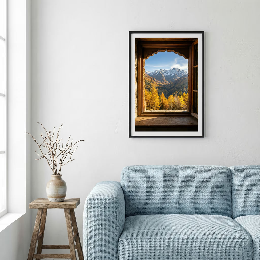 Bare, weathered trees rising from rippled desert dunes under a dramatic sky — framed canvas wall art in a wooden frame, 16×24 in