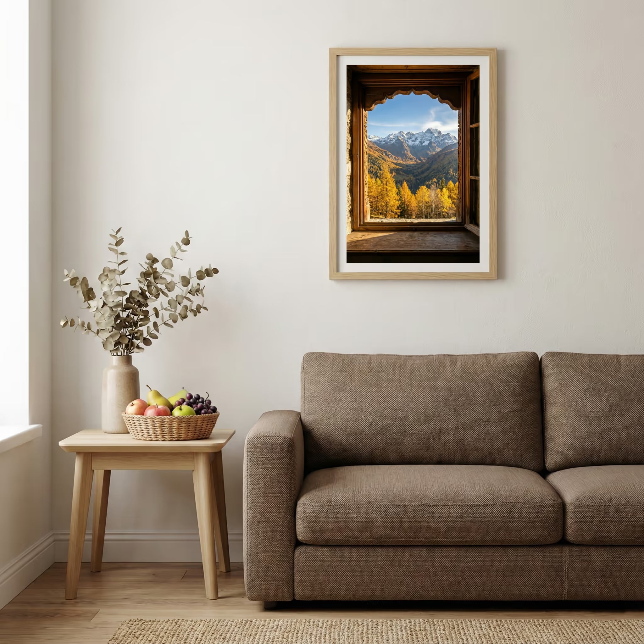 Bare, weathered trees rising from rippled desert dunes under a dramatic sky — wooden-frame wall art print, 20×30 in