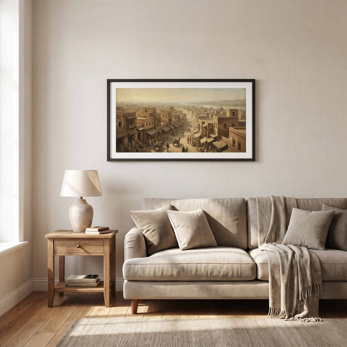 Vintage painting of a bustling desert market town at sunset — framed vintage painting.