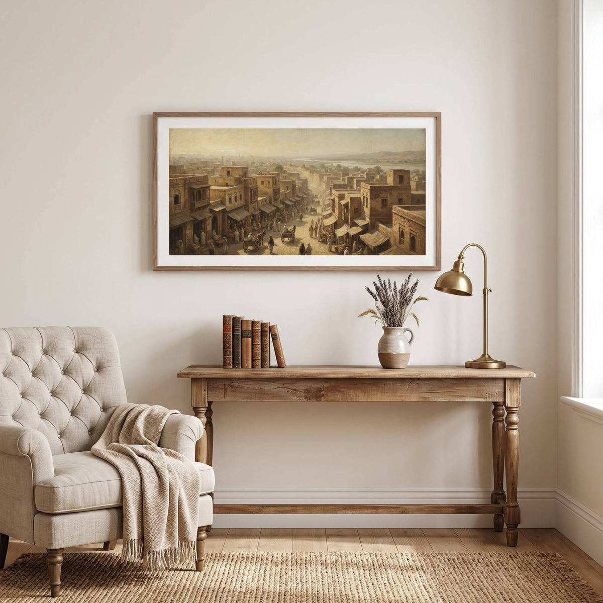 Vintage painting of a bustling desert market town at sunset — framed vintage painting.