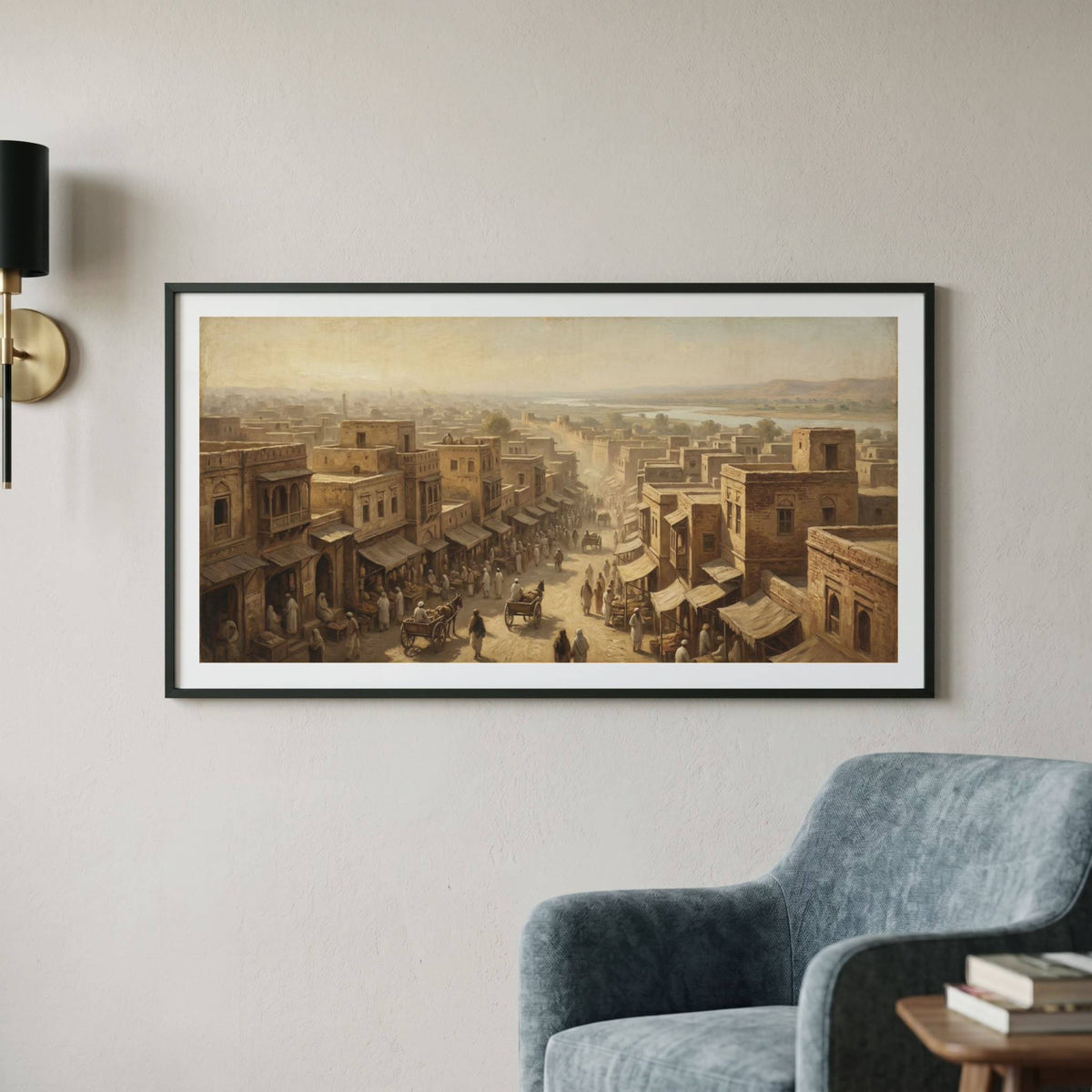 Vintage painting of a bustling desert market town at sunset — framed vintage painting.