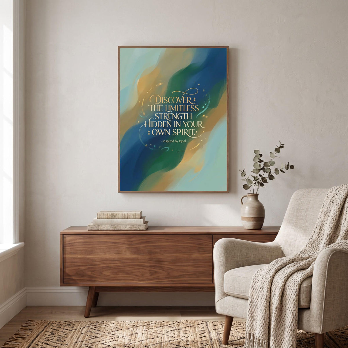 Inspired by Iqbal quote wall art: "Discover the limitless strength hidden in your own spirit"