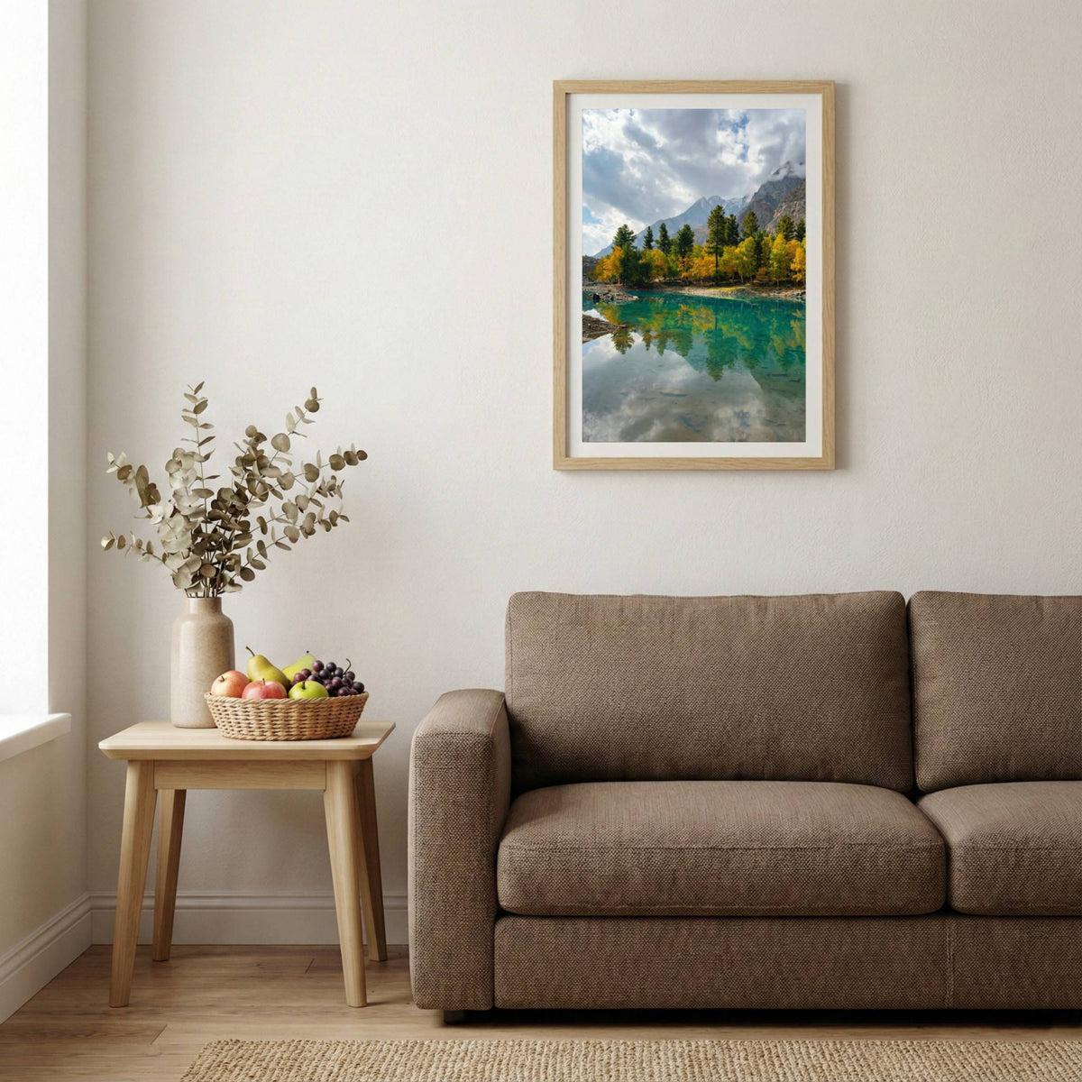 Emerald-toned alpine lake reflecting mountains and golden autumn trees — wooden-frame wall art print, 20×30 in