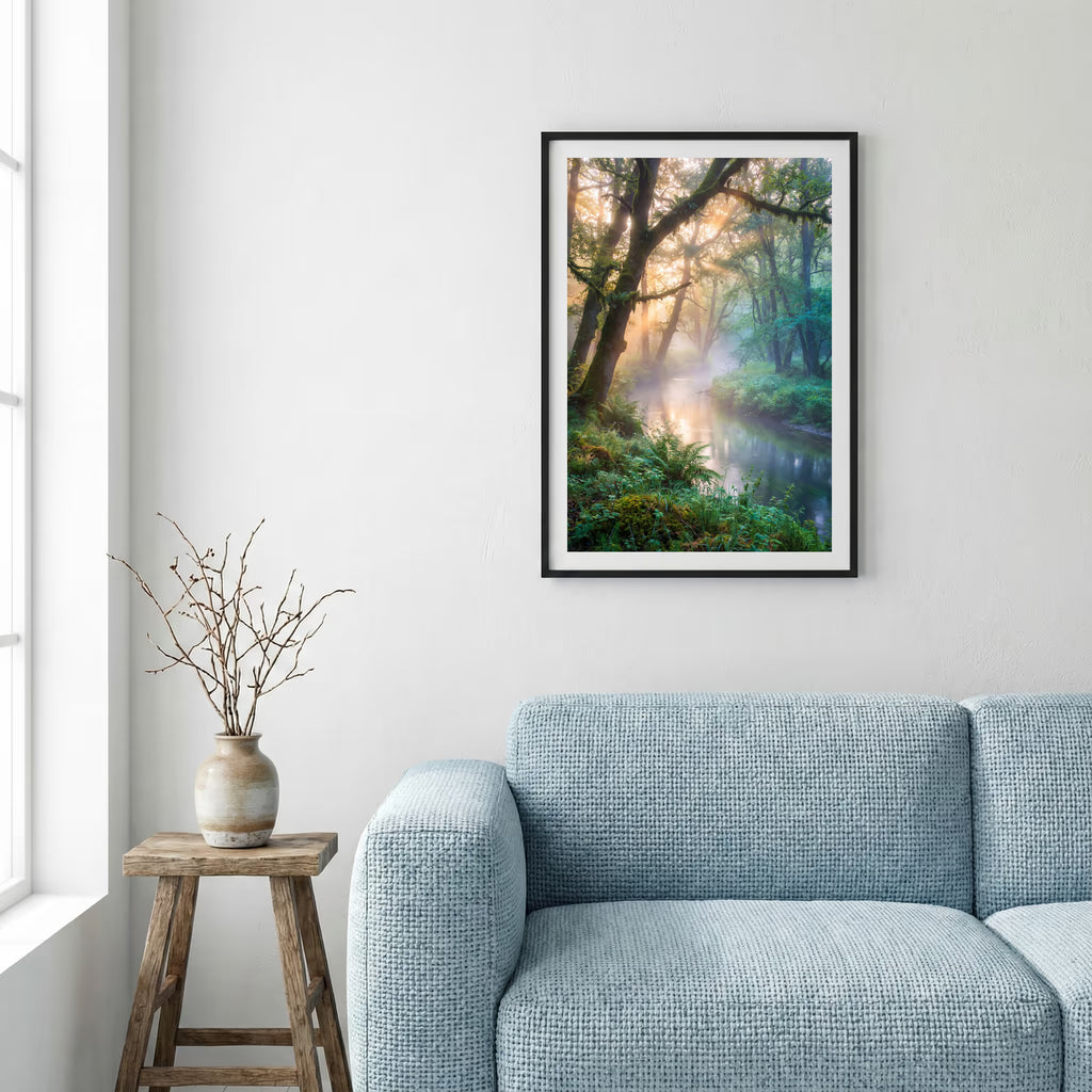 Emerald-toned alpine lake reflecting mountains and golden autumn trees — framed canvas wall art in a wooden frame, 16×24 in
