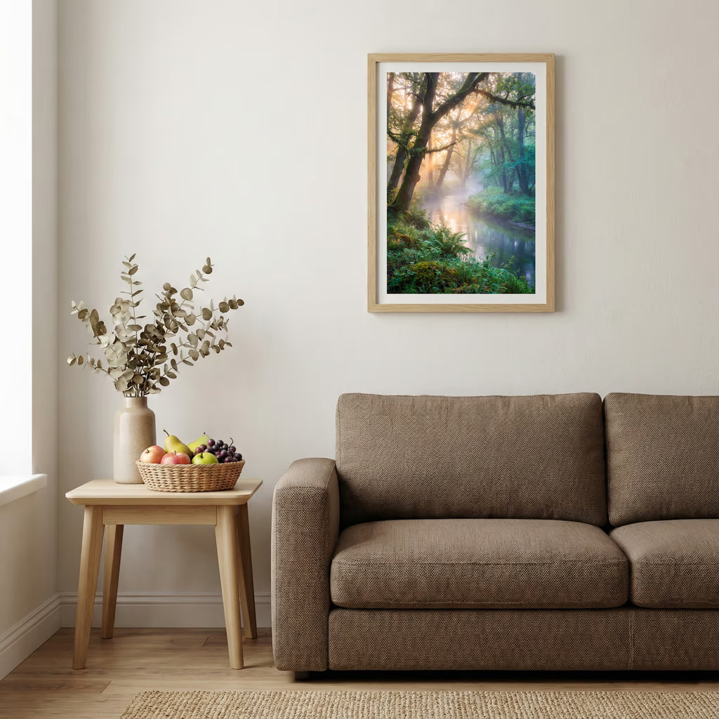 Emerald-toned alpine lake reflecting mountains and golden autumn trees — wooden-frame wall art print, 20×30 in