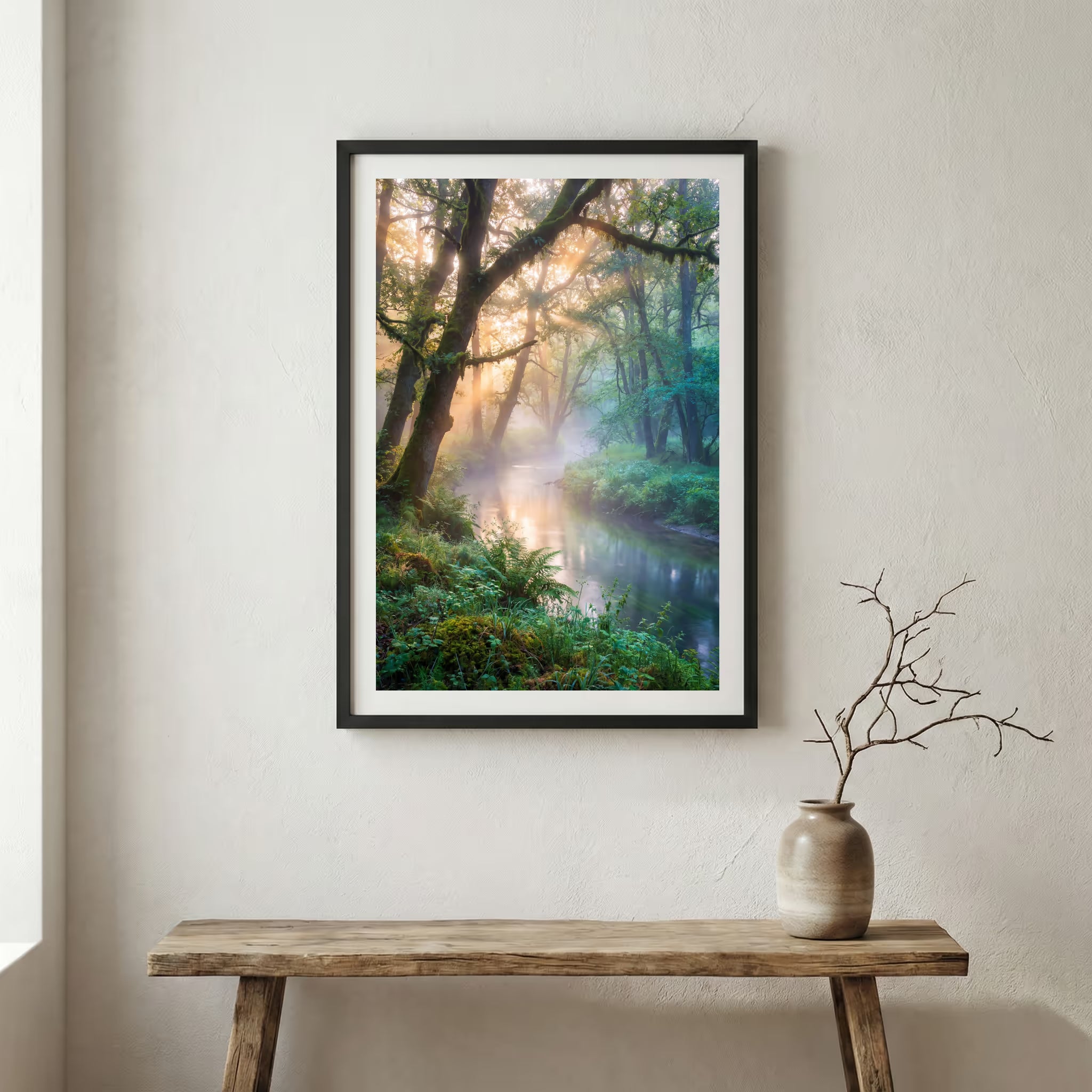 Emerald-toned alpine lake reflecting mountains and golden autumn trees — wooden frame canvas wall art print, 12×18 in