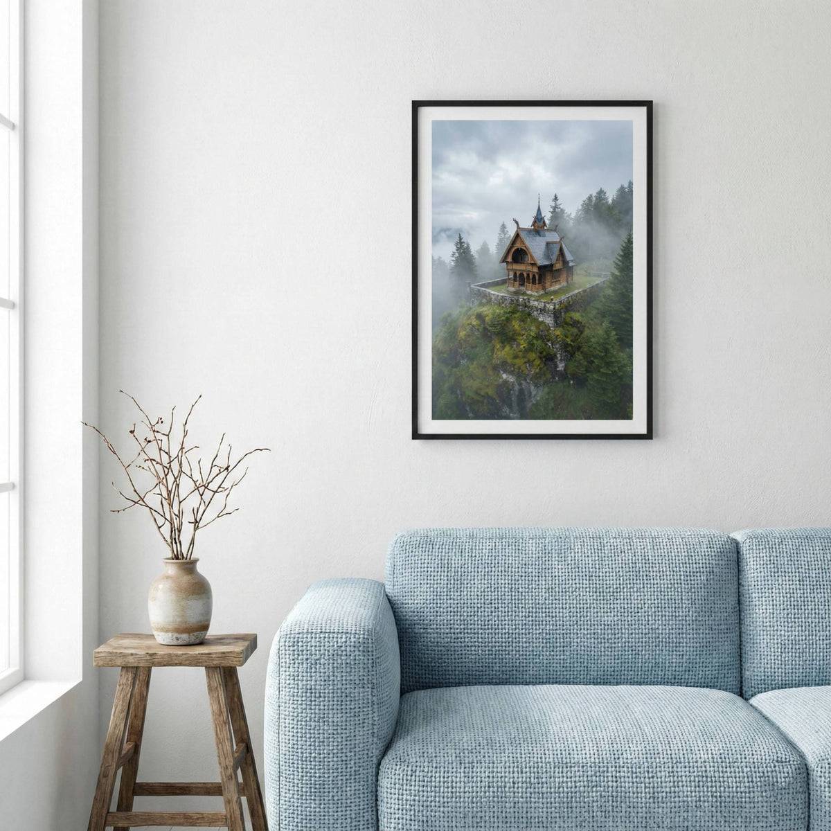Storybook wooden cottage with a spired roof perched on a misty forest cliff above a waterfall — framed canvas wall art in a wooden frame, 16×24 in