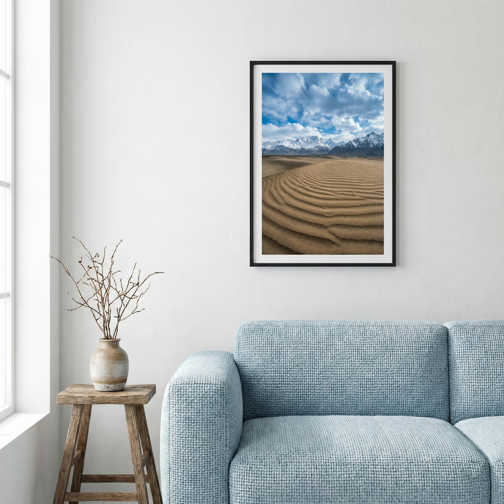 Storybook wooden cottage with a spired roof perched on a misty forest cliff above a waterfall — framed canvas wall art in a wooden frame, 16×24 in