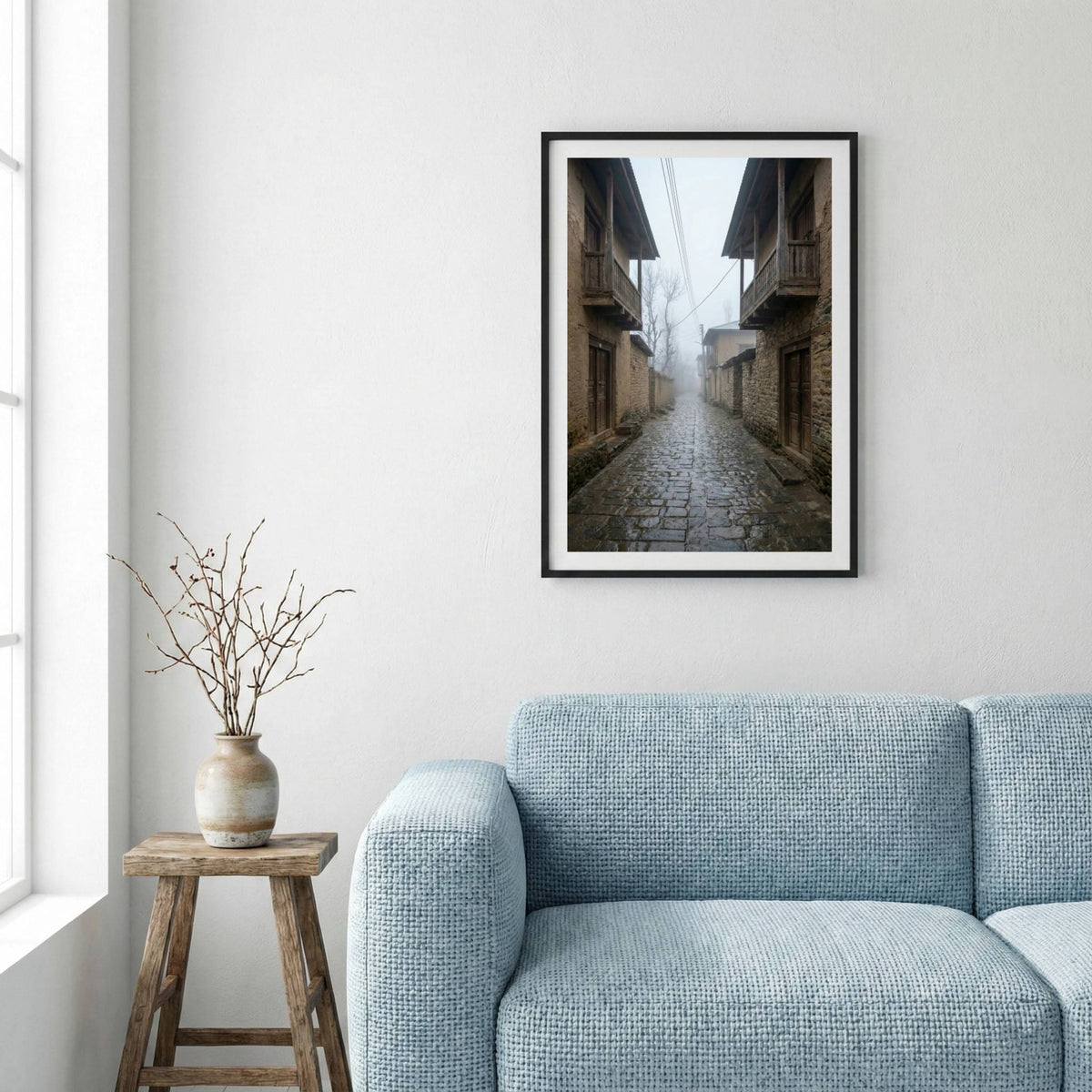 Misty cobblestone alley lined with traditional wooden-balcony buildings — framed canvas wall art in a wooden frame, 16×24 in