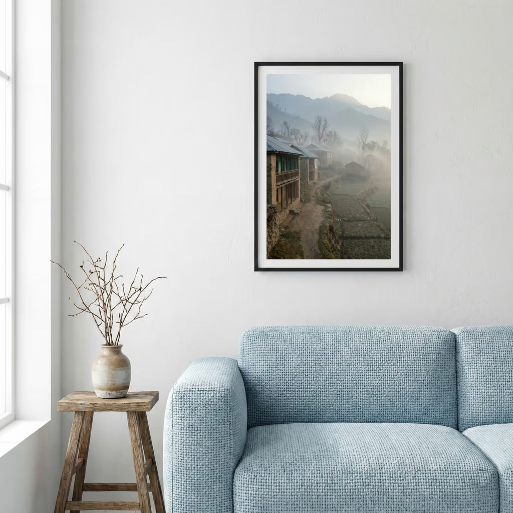 Misty cobblestone alley lined with traditional wooden-balcony buildings — framed canvas wall art in a wooden frame, 16×24 in