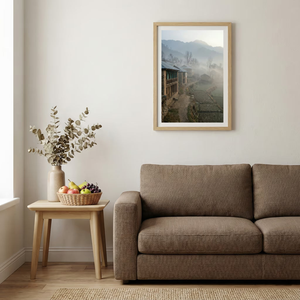 Misty cobblestone alley lined with traditional wooden-balcony buildings — wooden-frame wall art print, 20×30 in