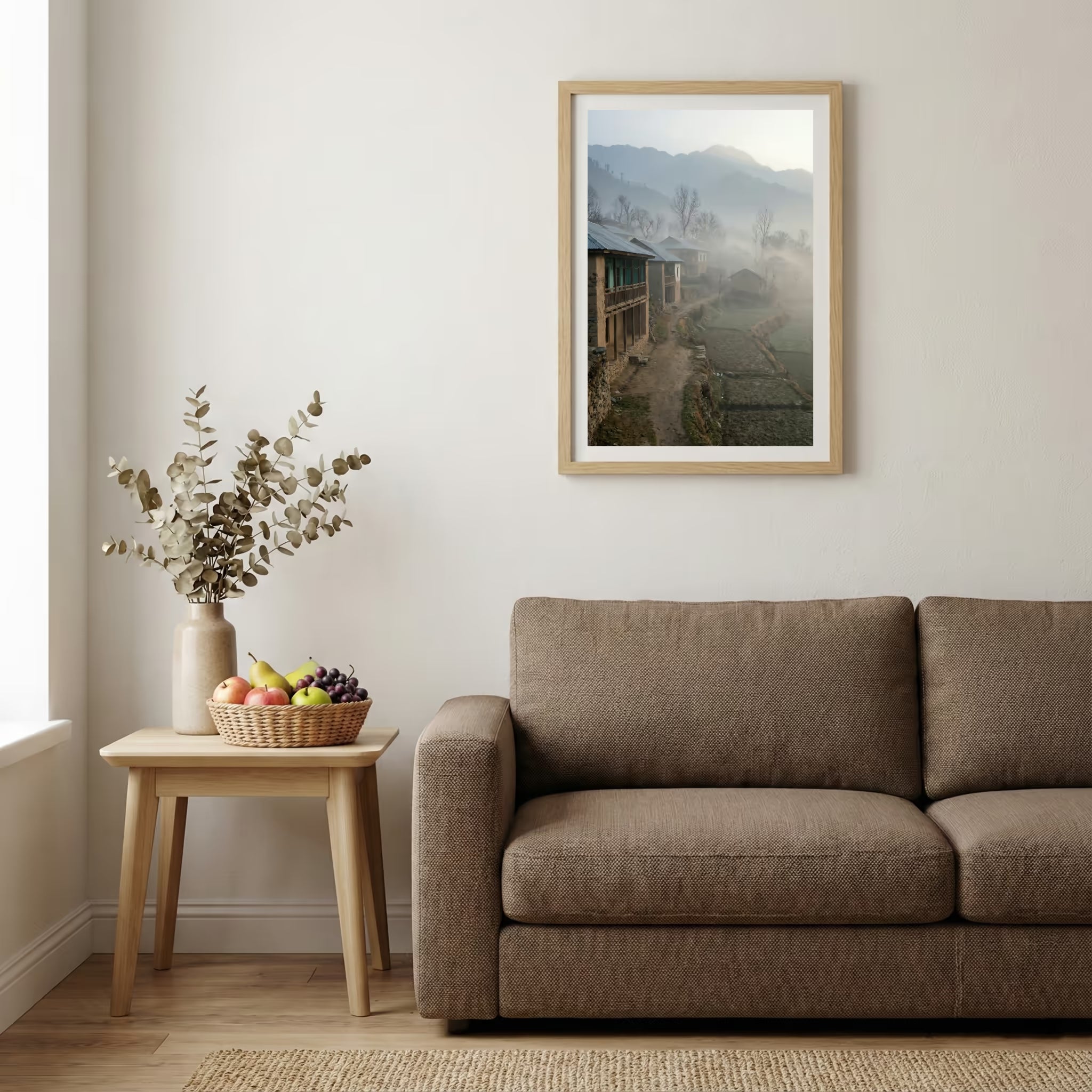 Misty cobblestone alley lined with traditional wooden-balcony buildings — wooden-frame wall art print, 20×30 in