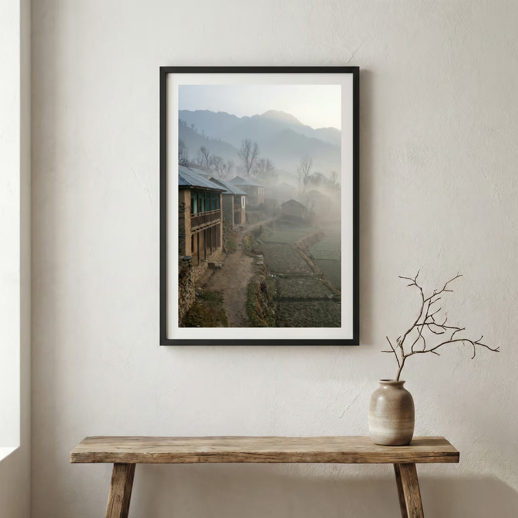 Misty cobblestone alley lined with traditional wooden-balcony buildings — wooden frame canvas wall art print, 12×18 in