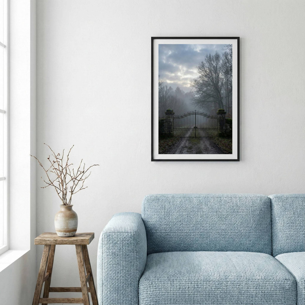 Old iron gate opening onto a foggy, tree-lined path — framed canvas wall art in a wooden frame, 16×24 in
