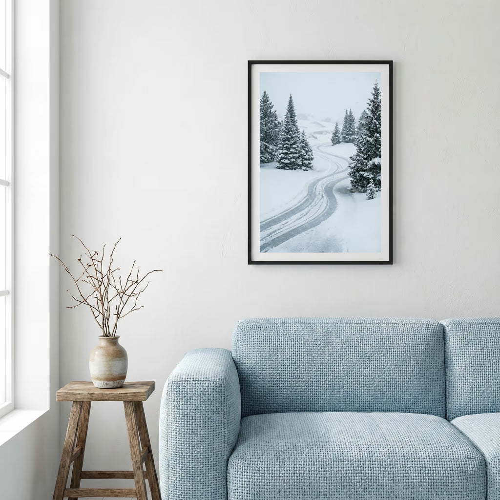 Old iron gate opening onto a foggy, tree-lined path — framed canvas wall art in a wooden frame, 16×24 in