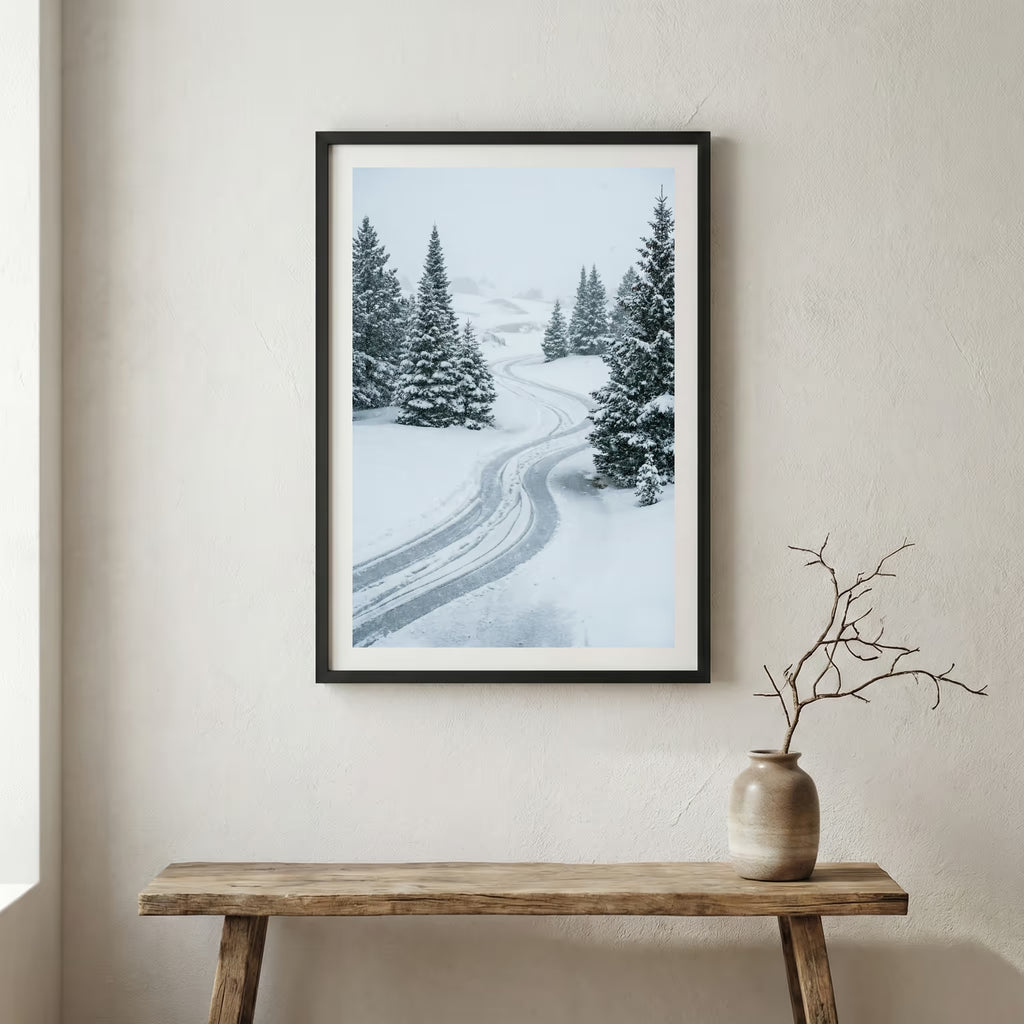 Old iron gate opening onto a foggy, tree-lined path — wooden frame canvas wall art print, 12×18 in