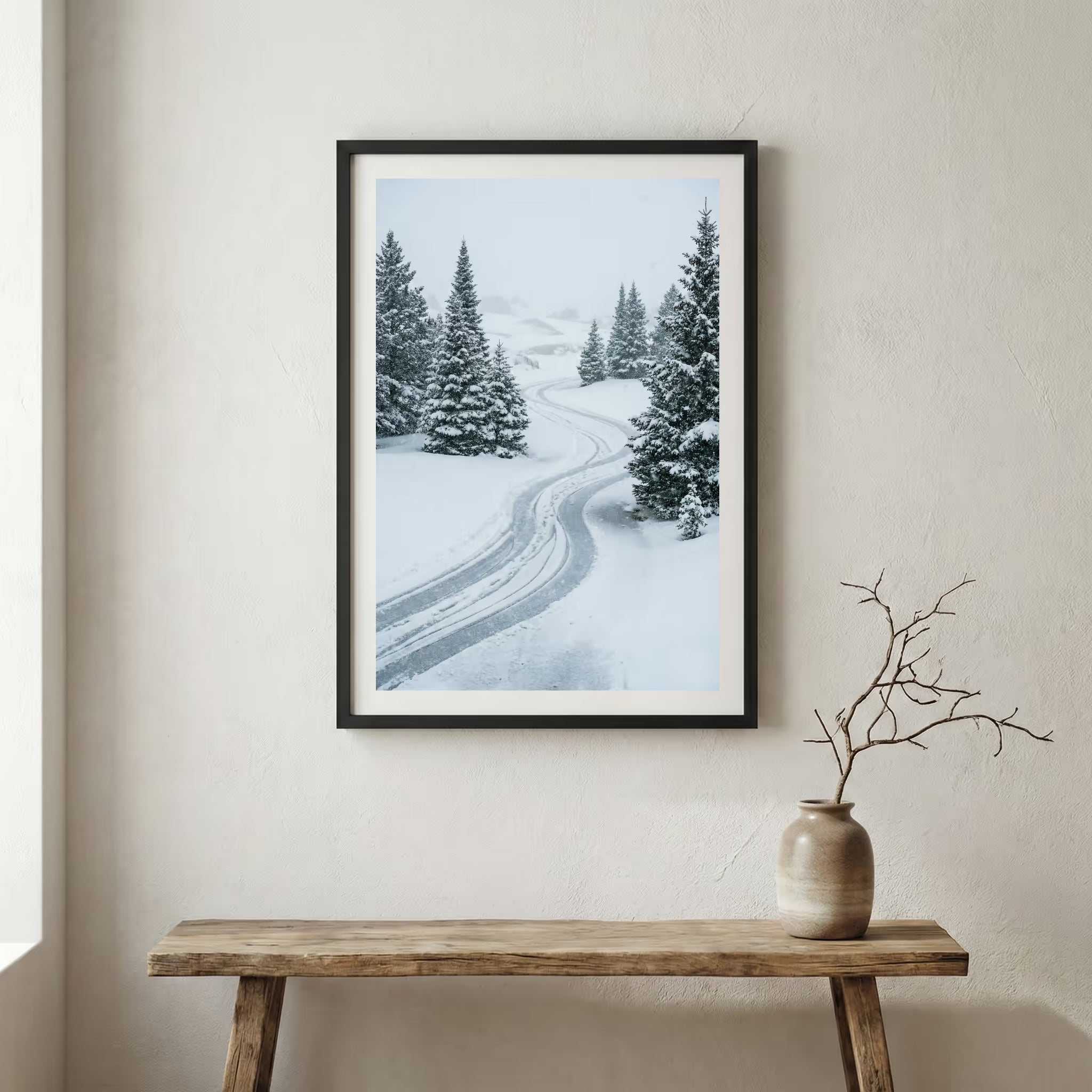 Old iron gate opening onto a foggy, tree-lined path — wooden frame canvas wall art print, 12×18 in