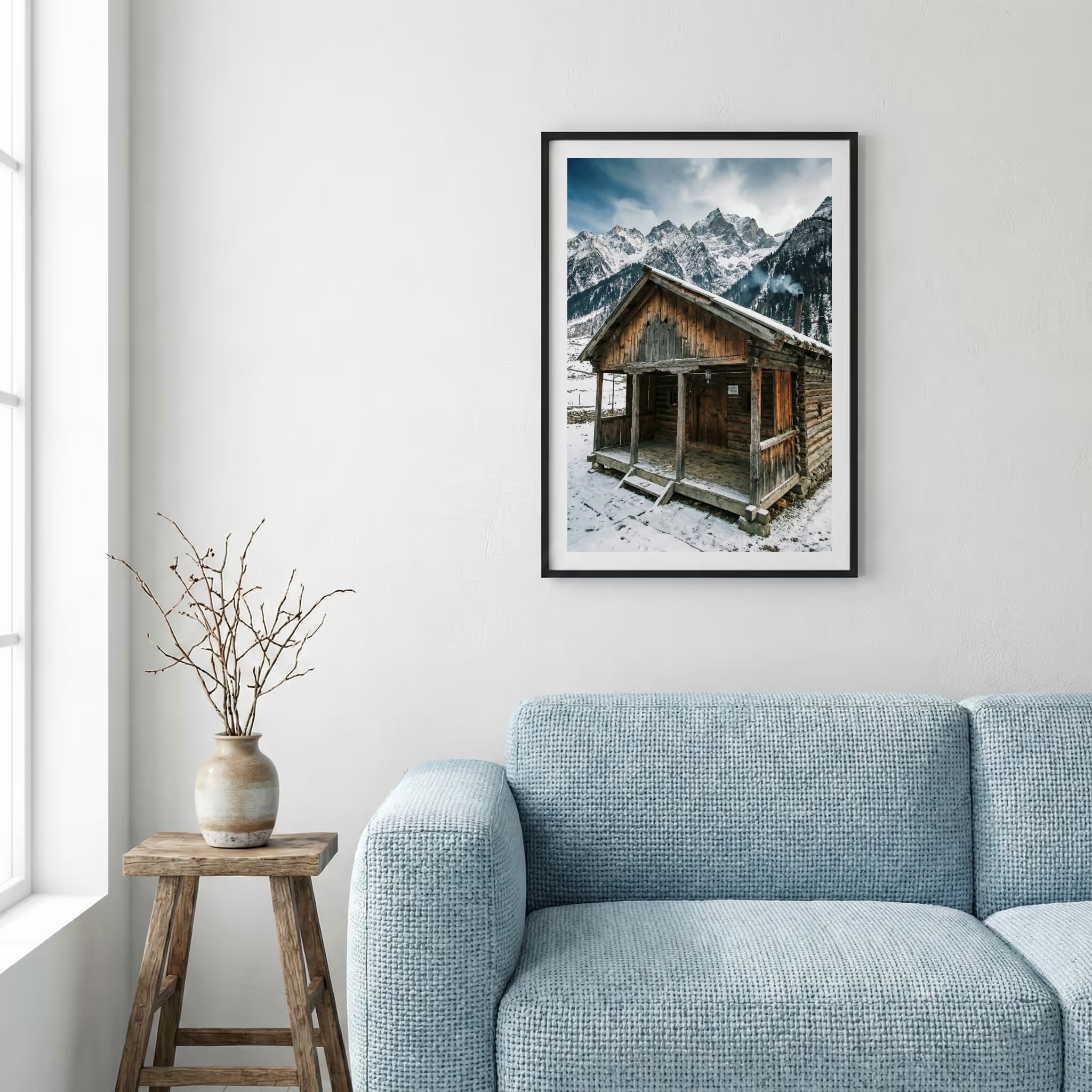 Small wooden rowboat resting on a still, fog-covered lake — framed canvas wall art in a wooden frame, 16×24 in