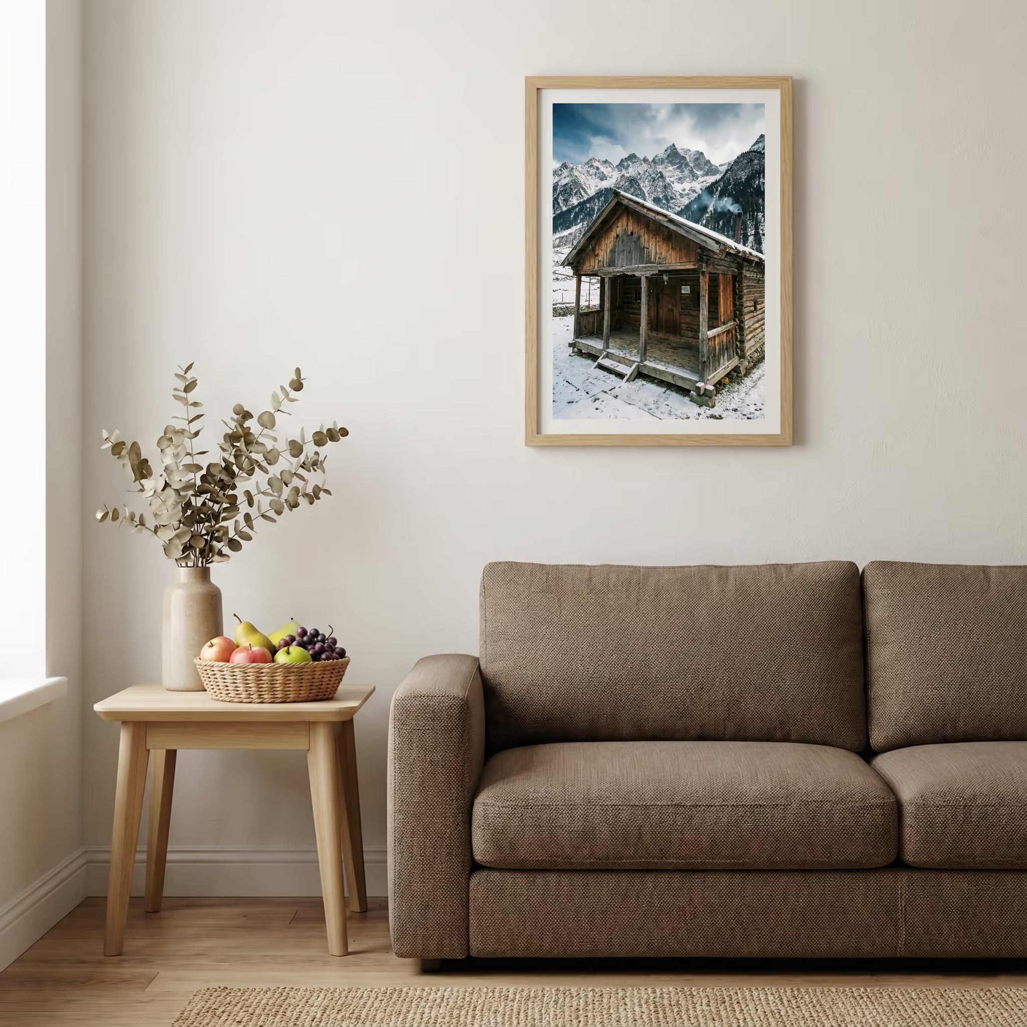Small wooden rowboat resting on a still, fog-covered lake — wooden-frame wall art print, 20×30 in