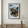 Small wooden rowboat resting on a still, fog-covered lake — wooden frame canvas wall art print, 12×18 in