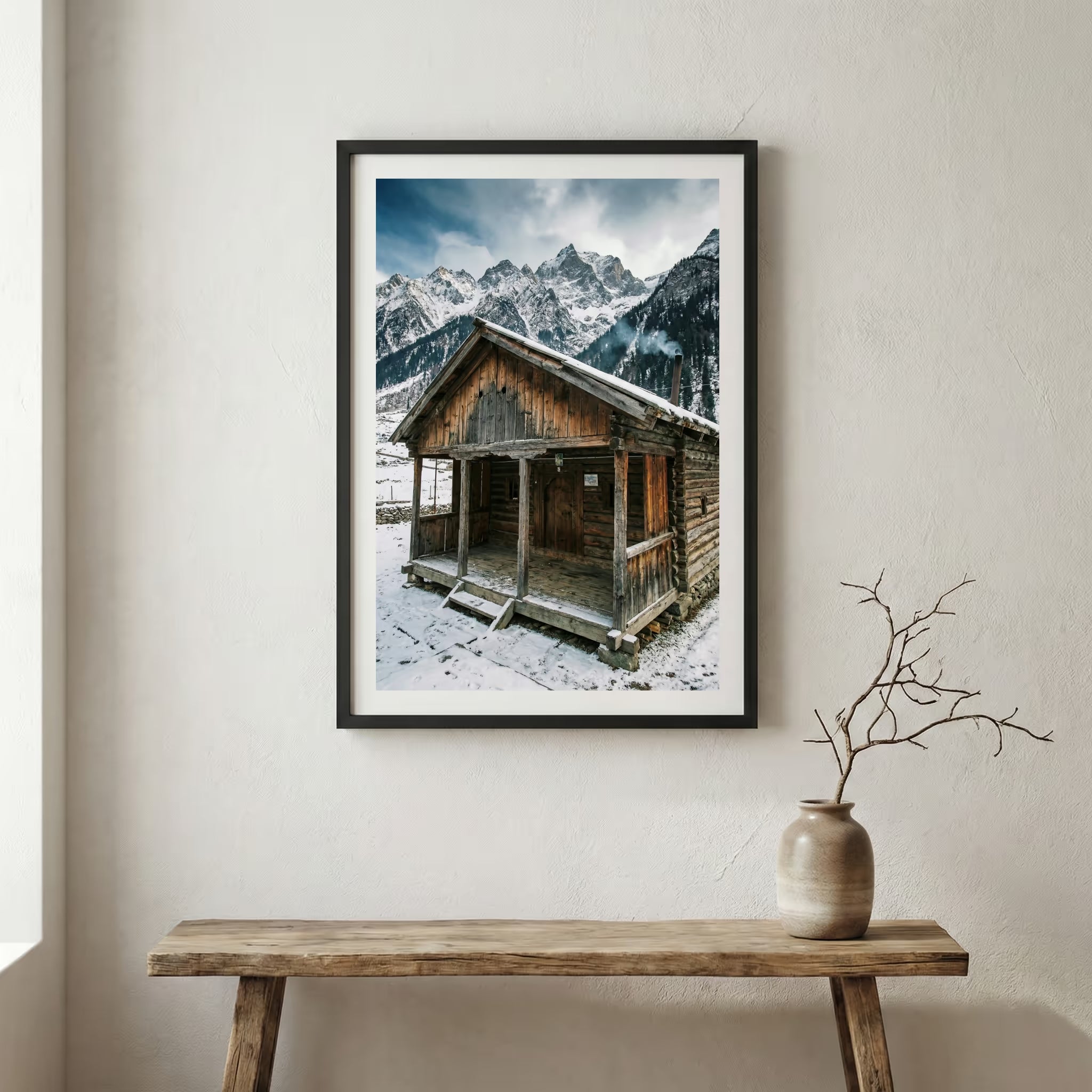 Small wooden rowboat resting on a still, fog-covered lake — wooden frame canvas wall art print, 12×18 in