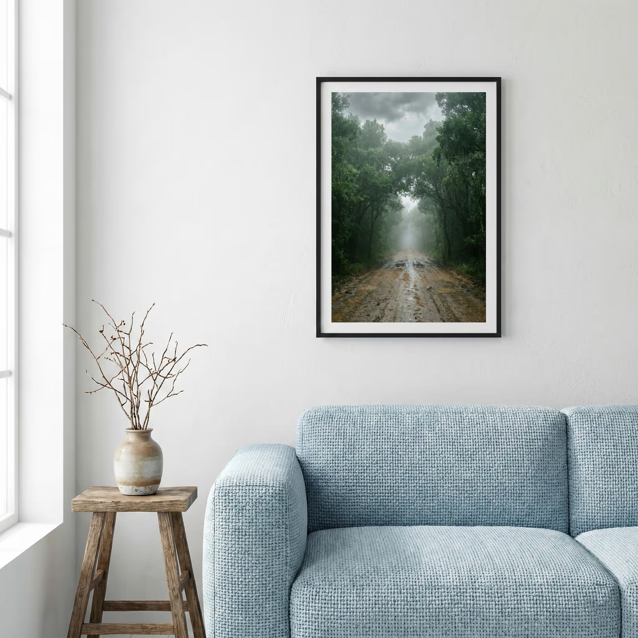 Row of bare, leafless trees lining a road in thick fog — framed canvas wall art in a wooden frame, 16×24 in