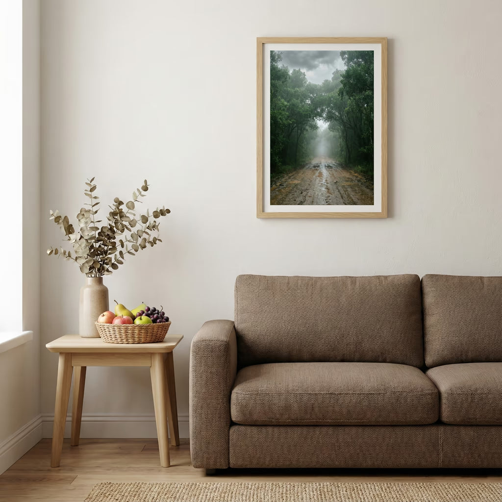 Row of bare, leafless trees lining a road in thick fog — wooden-frame wall art print, 20×30 in