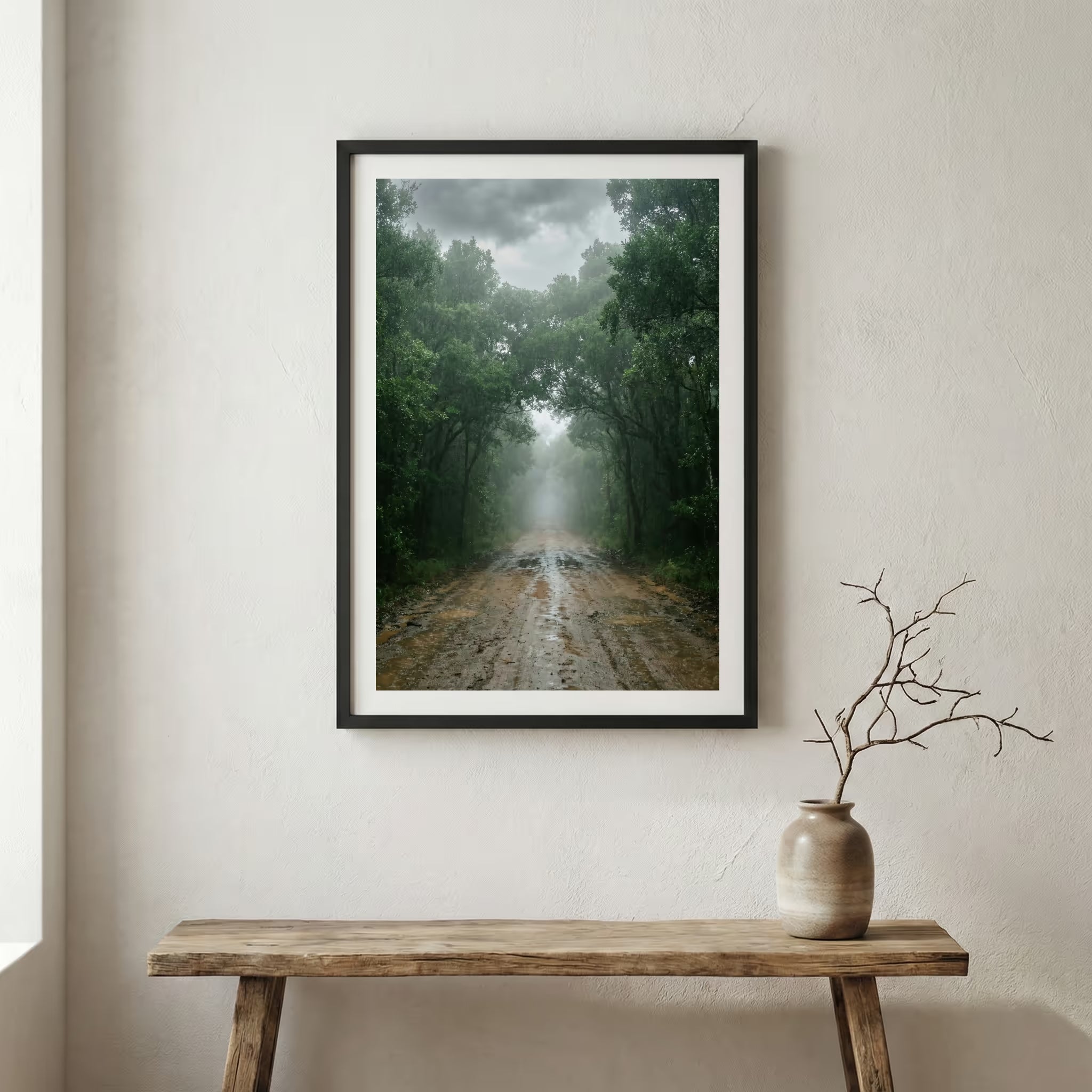 Row of bare, leafless trees lining a road in thick fog — wooden frame canvas wall art print, 12×18 in