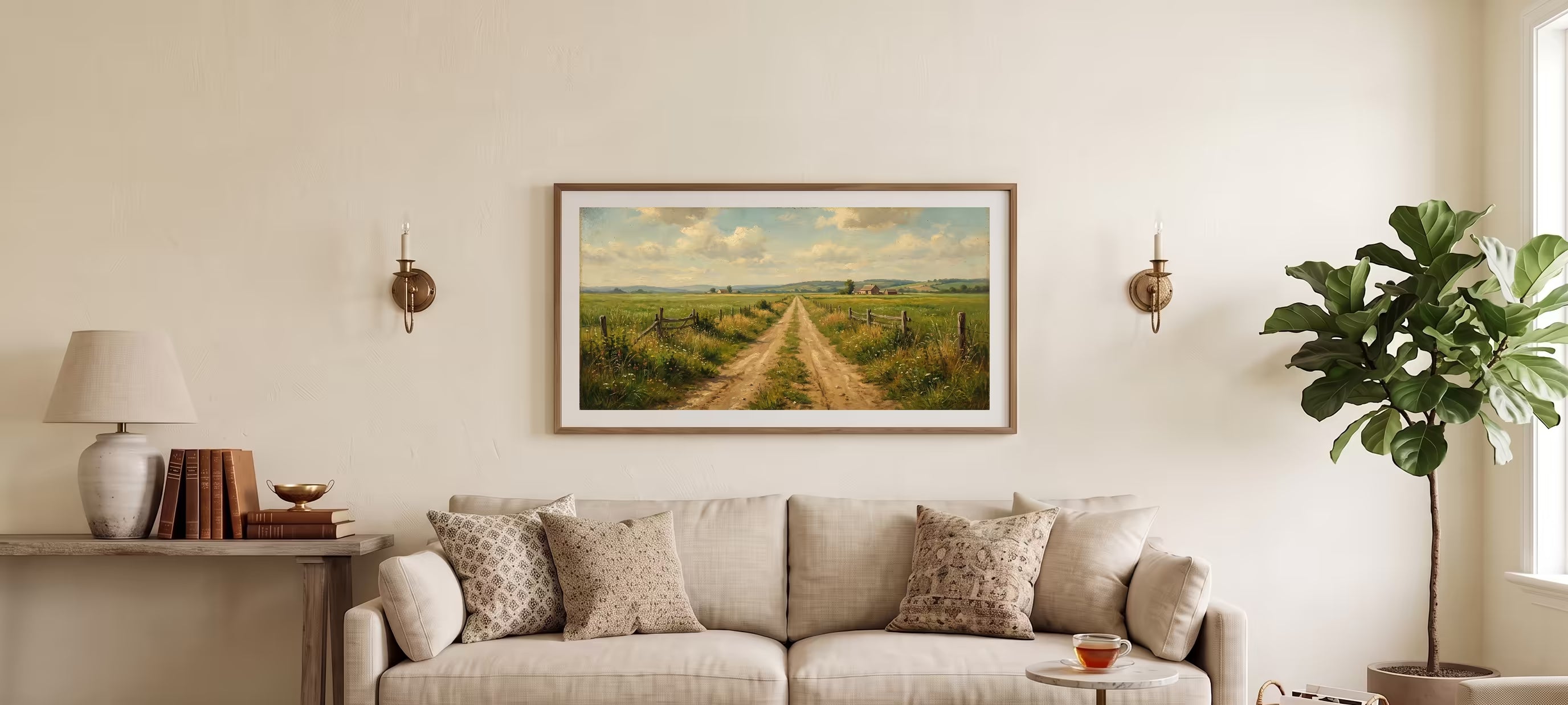 A framed landscape art print depicting a dirt road through a green field under a cloudy sky, styled on a beige wall above a sofa in a modern living room setting.