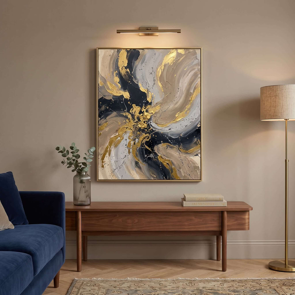 Blue and Gold Swirl Abstract canvas wall art in a framed room setting