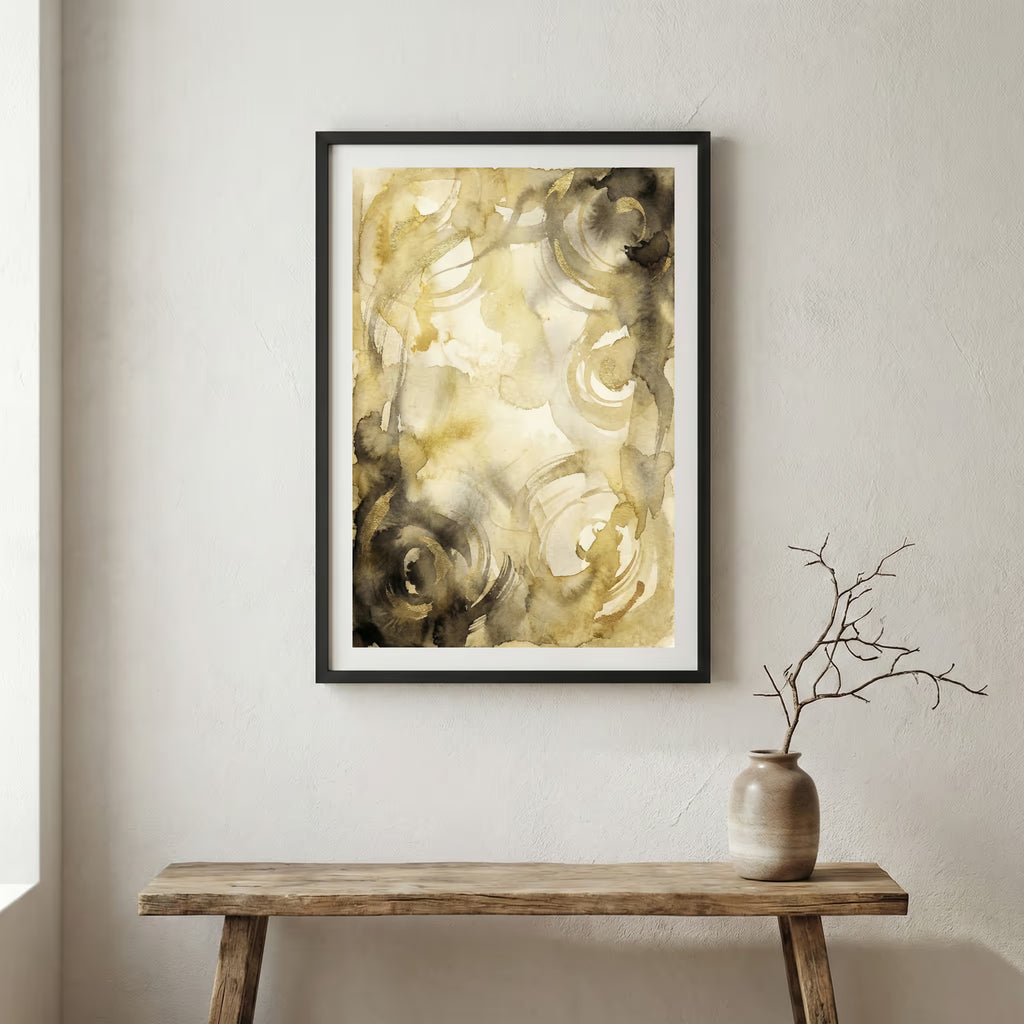 Gold Cream Marble Fluid Abstract canvas wall art in a framed room setting