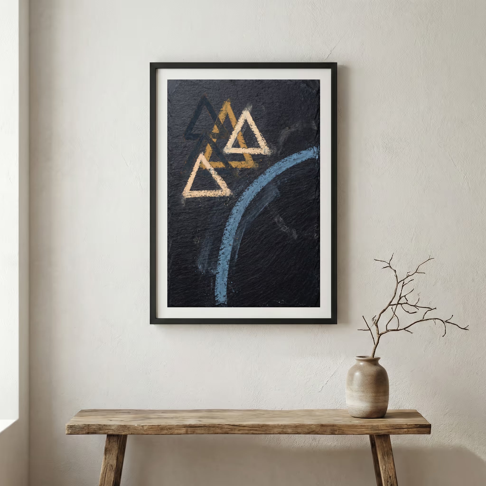 Navy Gold Triangle Abstract canvas wall art in a framed room setting