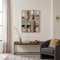 Blue Gold Neutral Abstract Composition canvas wall art in a framed room setting