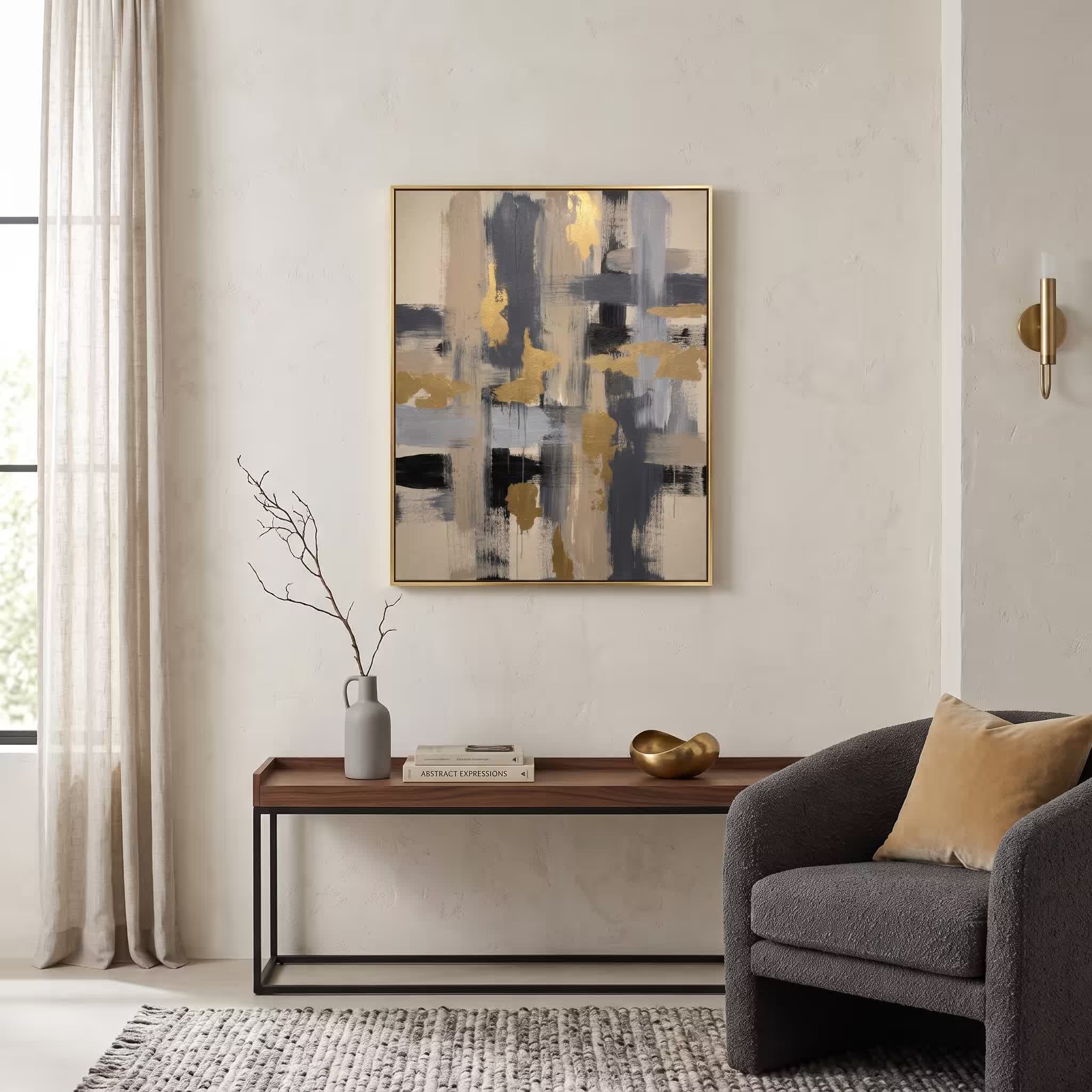 Blue Gold Neutral Abstract Composition canvas wall art in a framed room setting