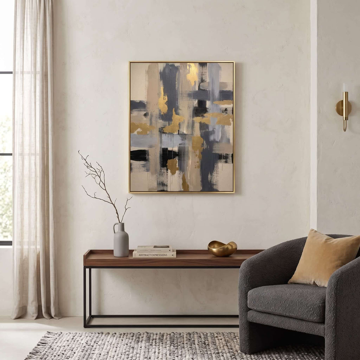 Blue Gold Neutral Abstract Composition canvas wall art in a framed room setting
