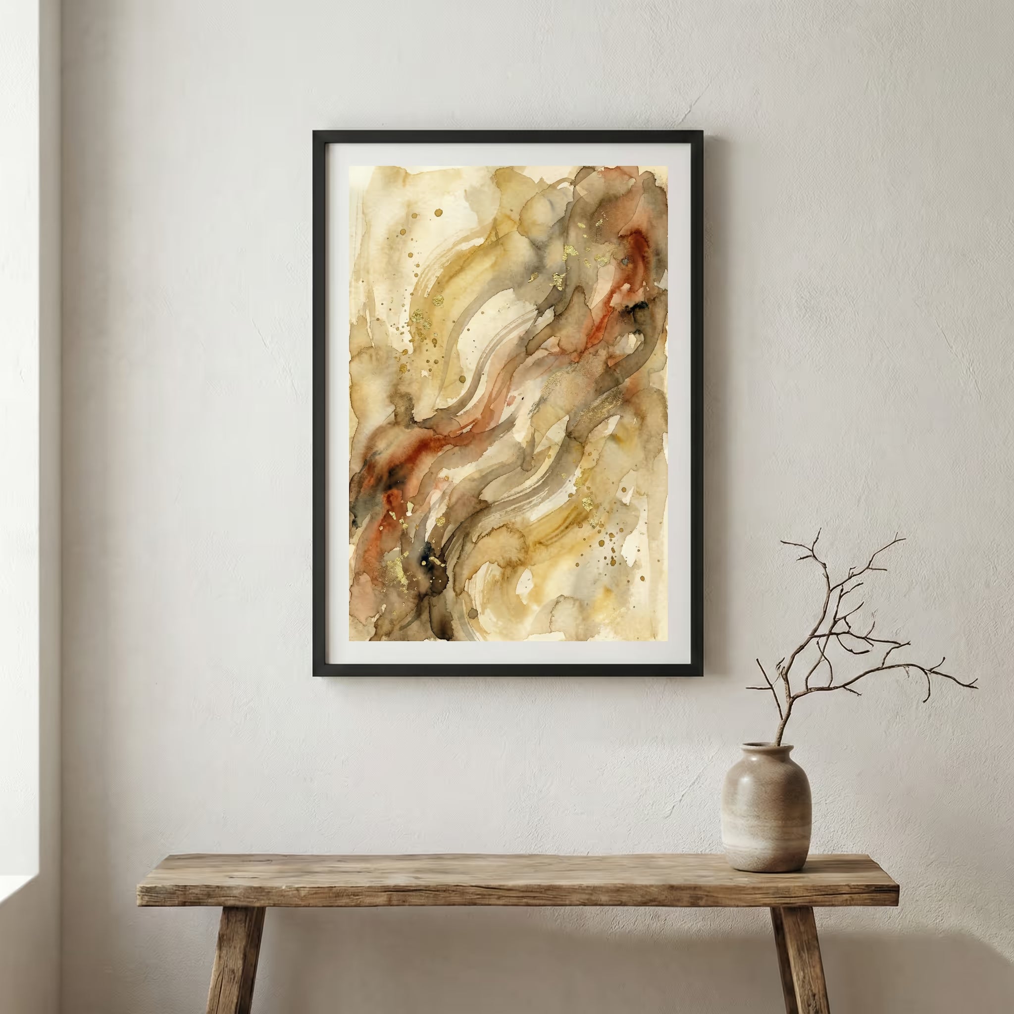 Gold Cream Flowing Fluid Abstract canvas wall art in a framed room setting