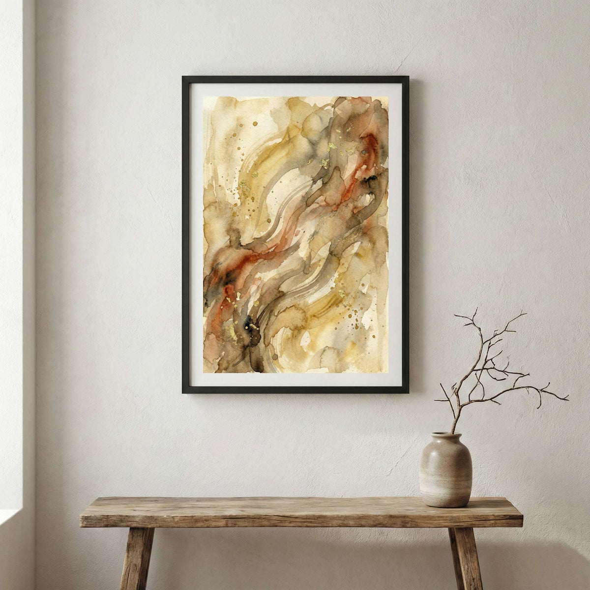 Gold Cream Flowing Fluid Abstract canvas wall art in a framed room setting