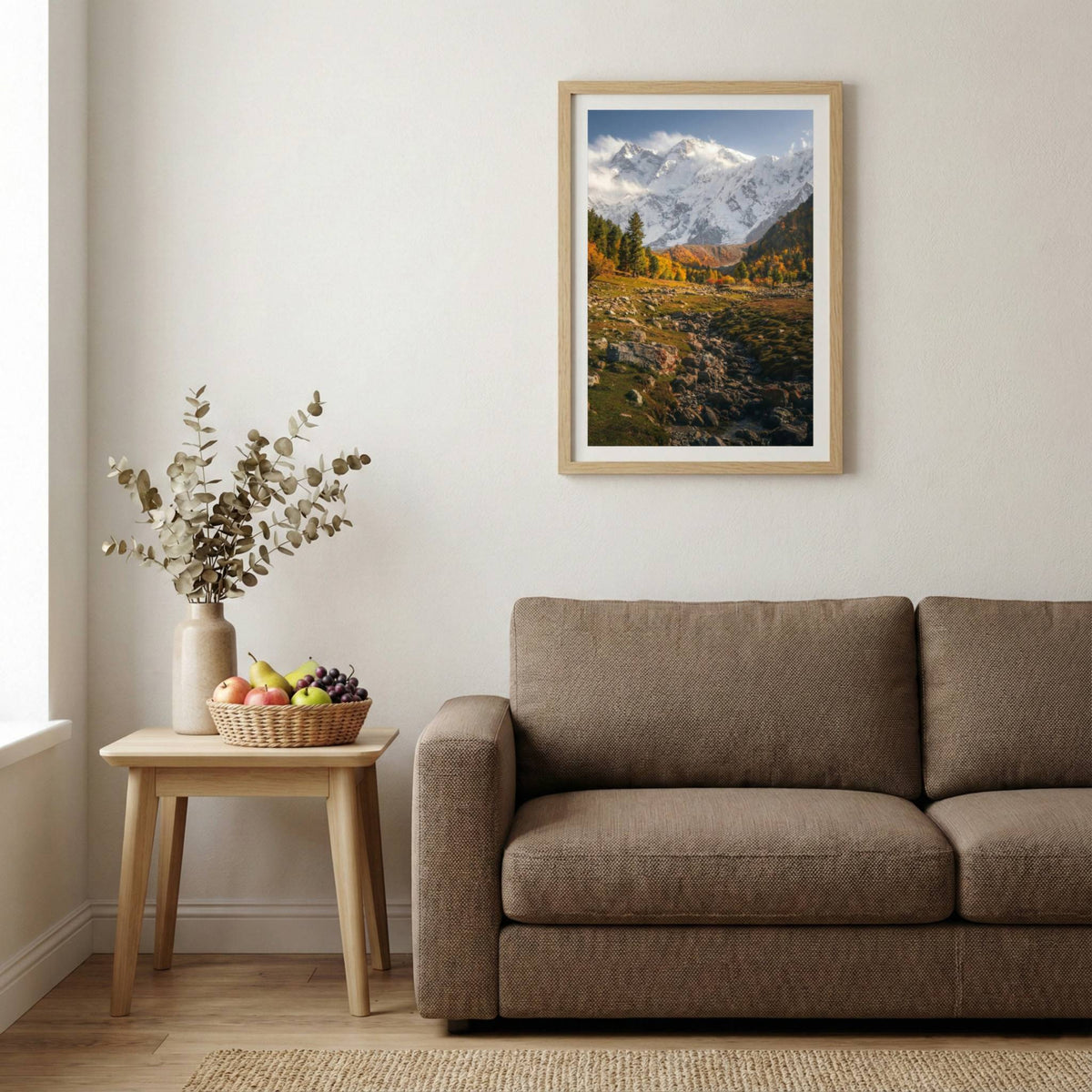 Golden autumn valley with evergreen trees and a snow-capped peak in the distance — wooden-frame wall art print, 20×30 in
