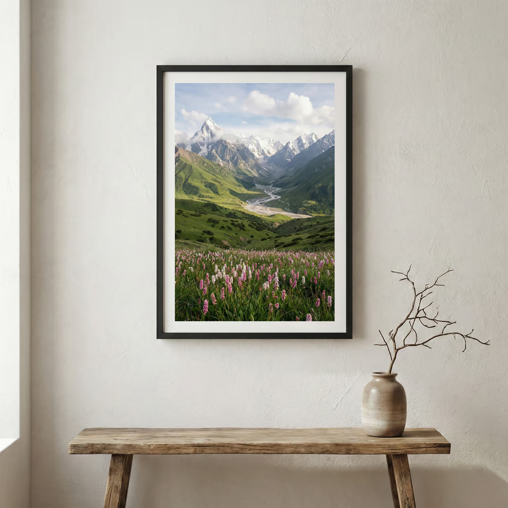 Aerial view of golden badlands terrain with a winding stream and patches of snow — wooden frame canvas wall art print, 12×18 in