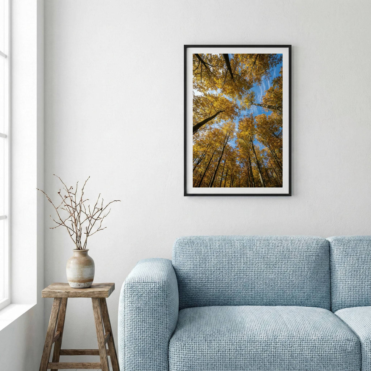 Looking straight up through a golden autumn tree canopy toward the sky — framed canvas wall art in a wooden frame, 16×24 in