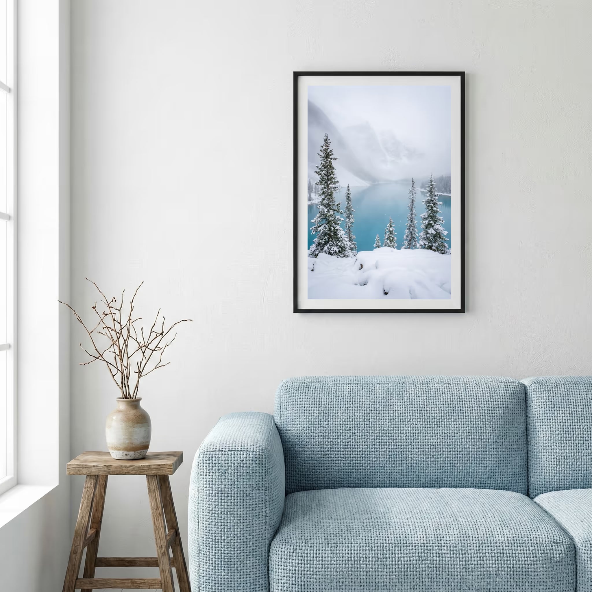 Looking straight up through a golden autumn tree canopy toward the sky — framed canvas wall art in a wooden frame, 16×24 in