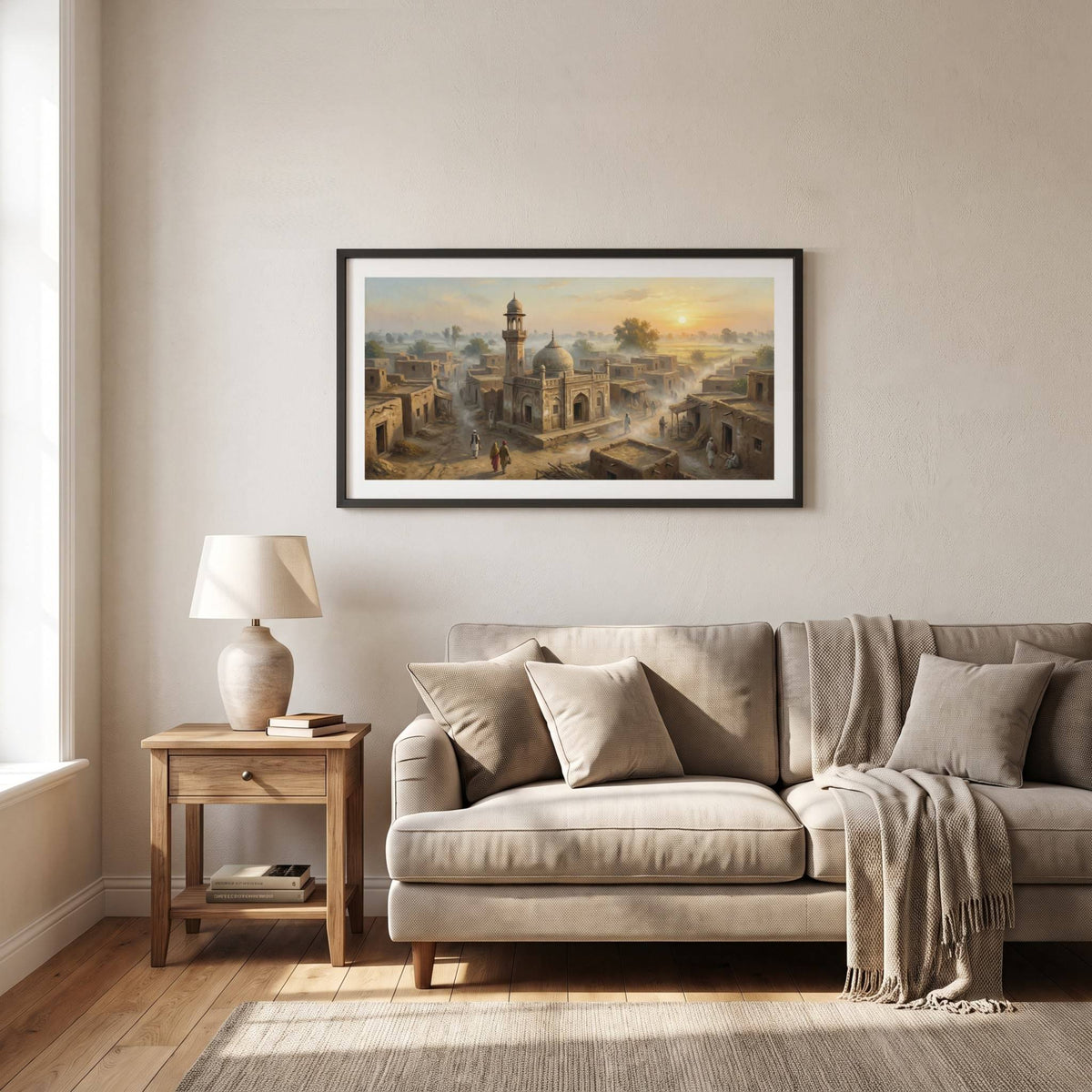 Vintage painting of a domed mosque and minaret glowing in golden sunset light — framed vintage painting.